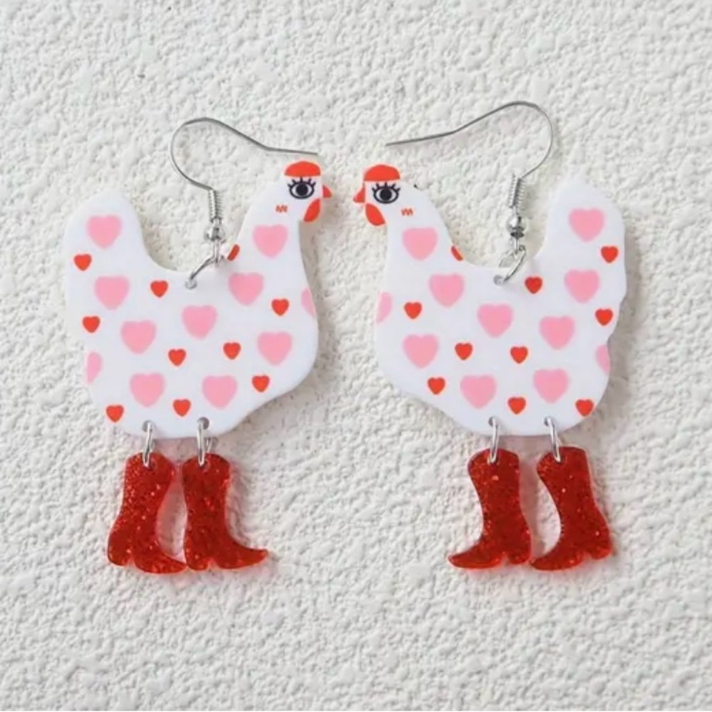 5/$25 🐓 Funny Cute Chicken Cowboy Boots Acrylic Earrings